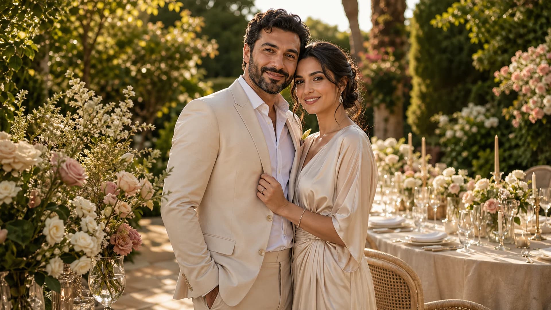 Fictional couple in a garden party anniversary portrait