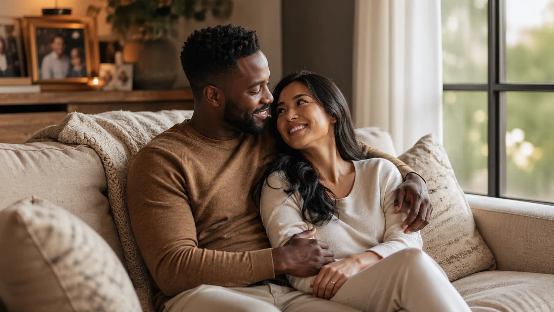Fictional interracial couple in a warm home anniversary portrait