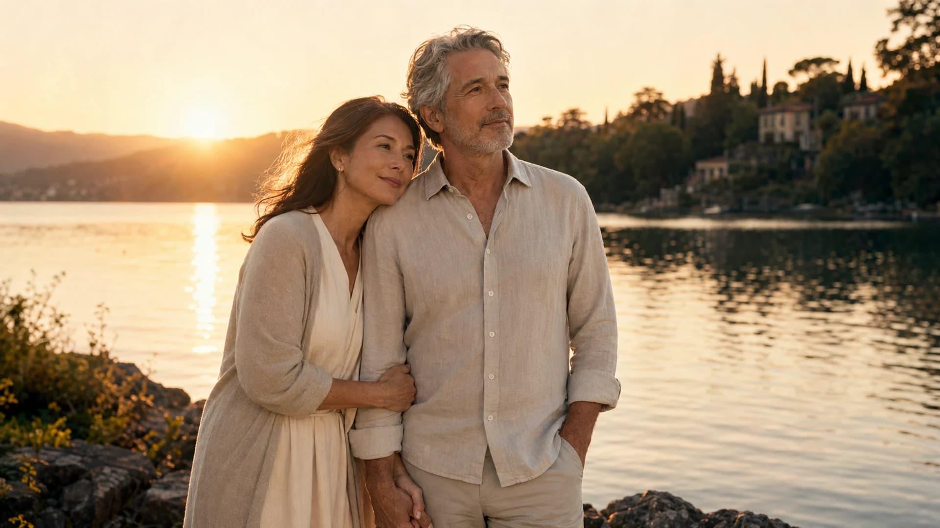 Fictional mature couple in a lakeside anniversary portrait