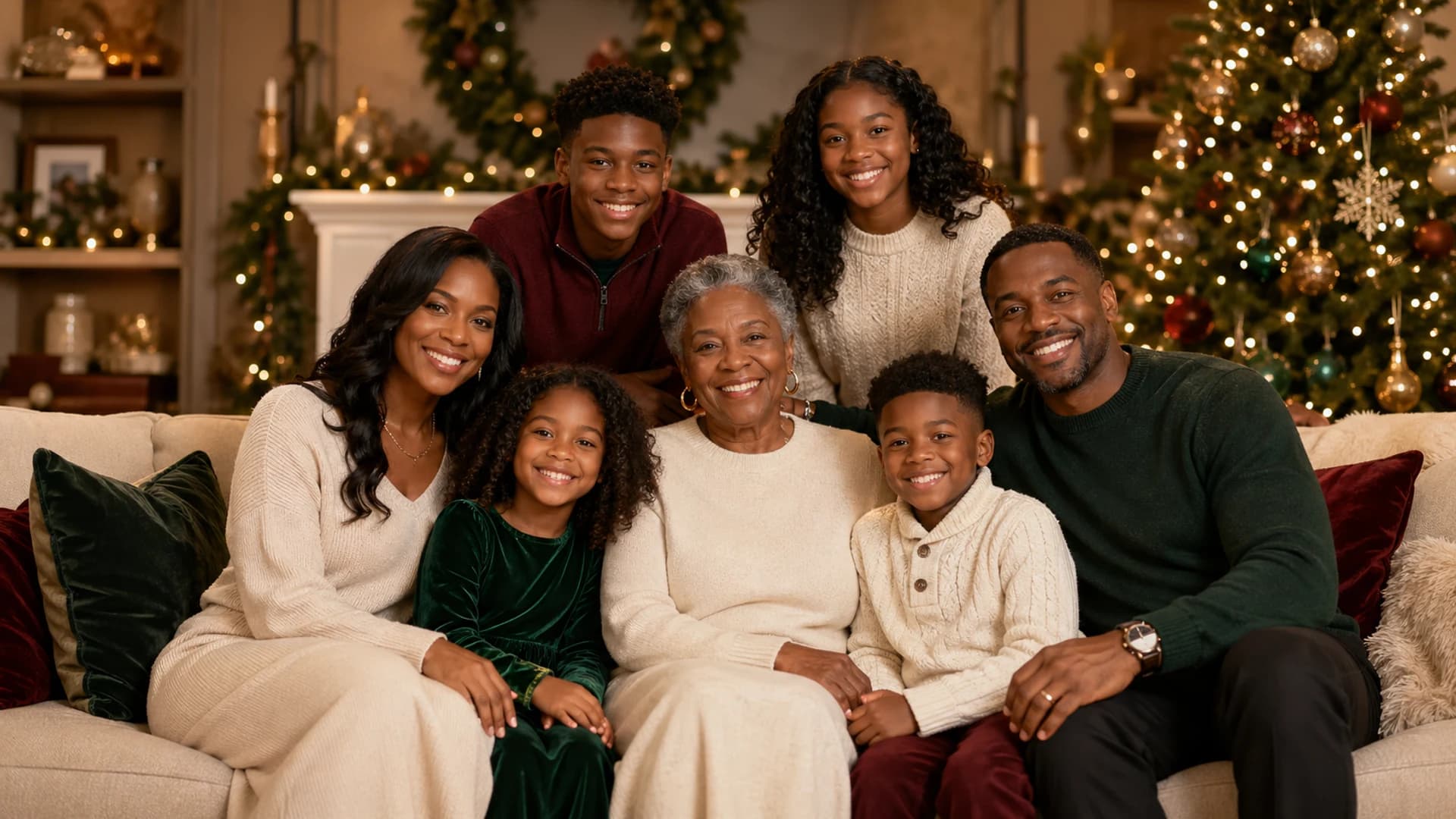 Fictional family in a refined holiday portrait