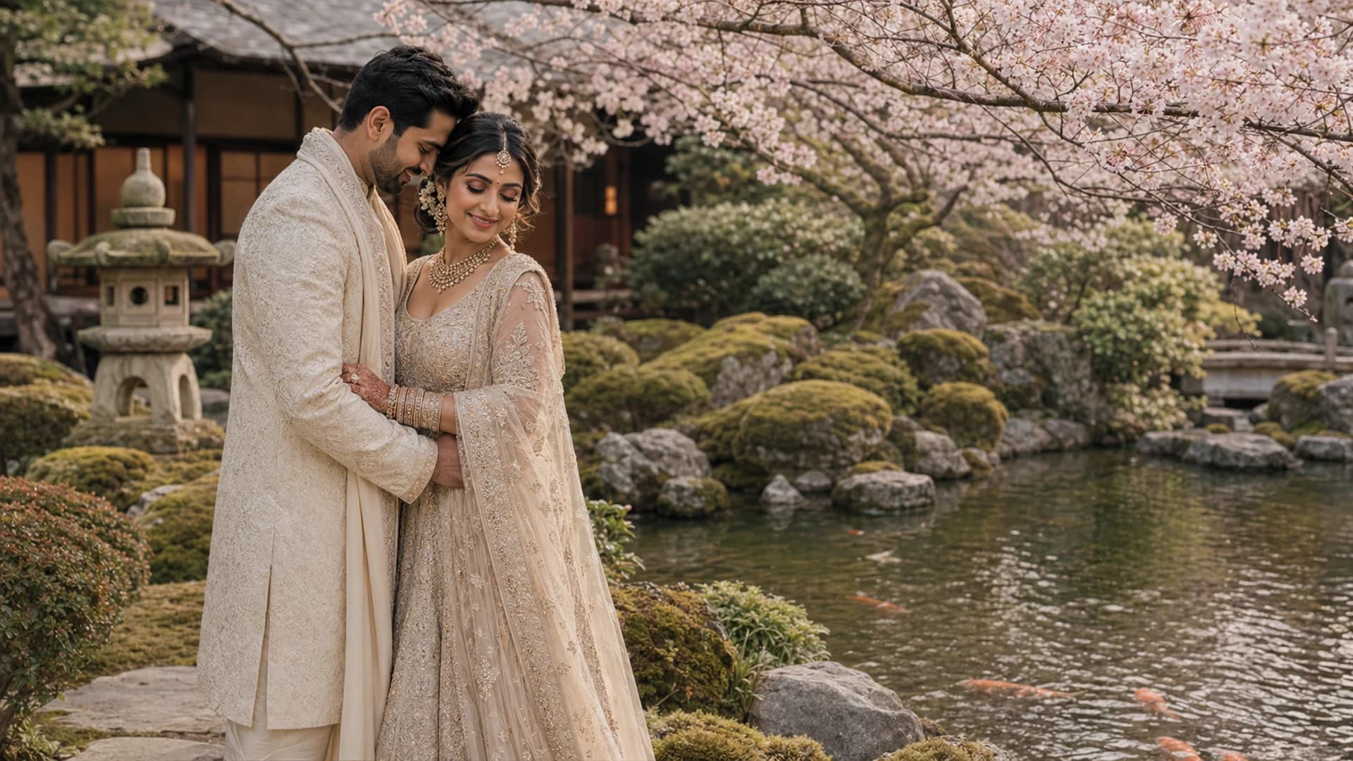 Fictional South Asian couple in a Kyoto garden wedding portrait