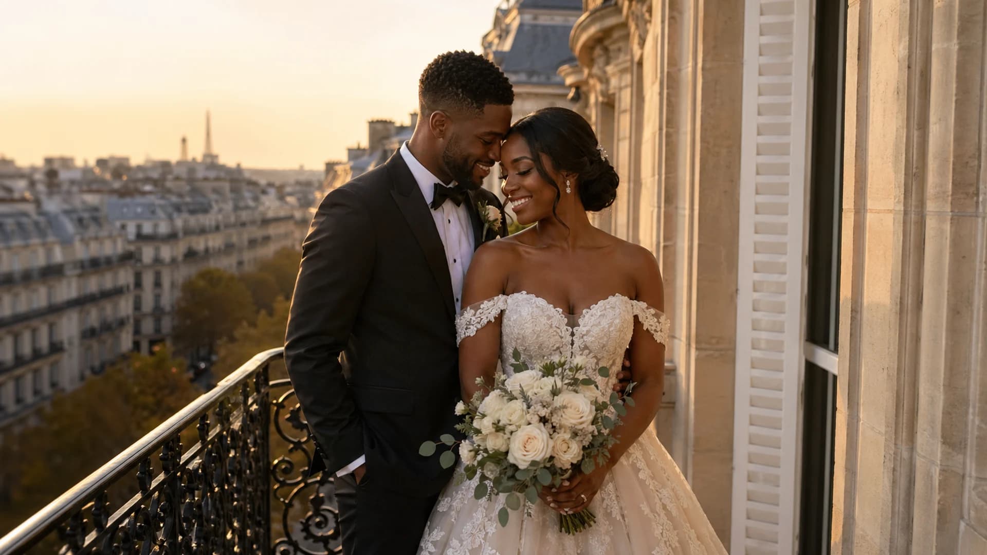 Fictional Black couple in a Paris editorial wedding portrait