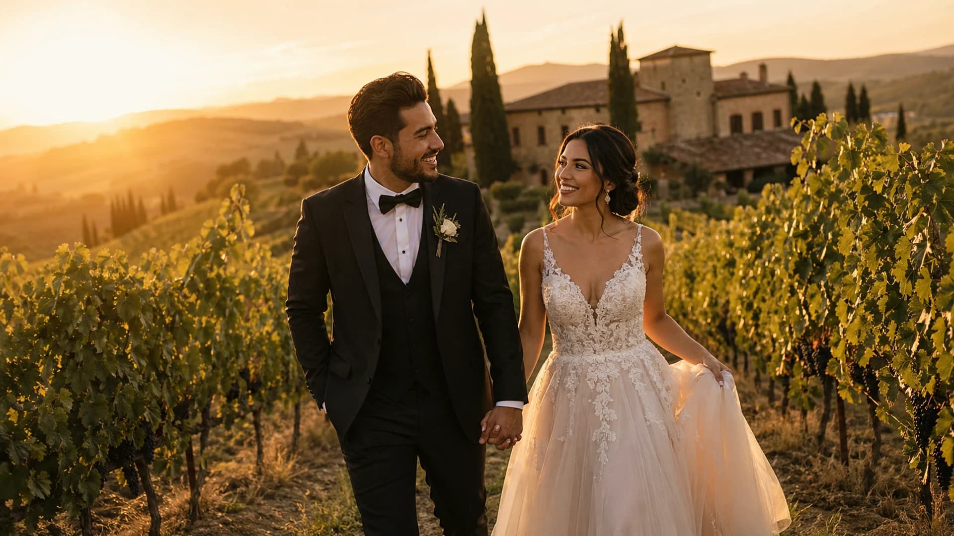 Fictional Latino couple in a Tuscany vineyard wedding portrait